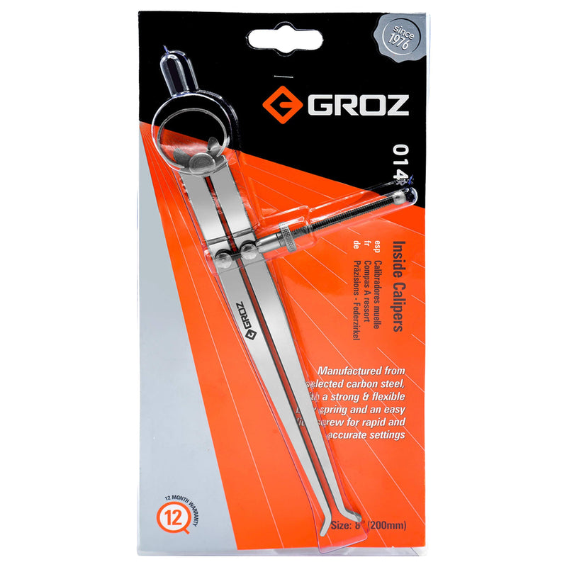Groz 8" Spring Inside Caliper, 200mm Capacity, Selected Steel with Solid Adjusting Nut and Roller Pivot, Matte Finish, for Bore, Bushing and Pipe ID Measurement (01403) 8 Inch