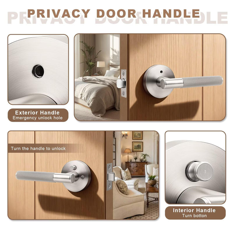 Brushed Nickel Privacy Door Handles, Sliver Interior Door Levers for Bathroom and Bedroom, Knurled Keyless Satin Nickel Door Knob, Reversible for Right & Left Side, 1 Pack Privacy Door Handle