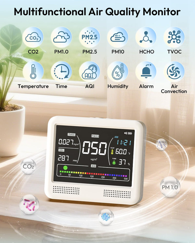 16-in-1 Air Quality Monitor Indoor, CO2 Monitor with 9 Readings & 7 AQI Alerts, Air Quality Tester for CO2, TVOC, HCHO, PM2.5 PM1.0 PM10, Temp Humidity & Time, Indoor Meter for Home Office (PureWhite) PureWhite