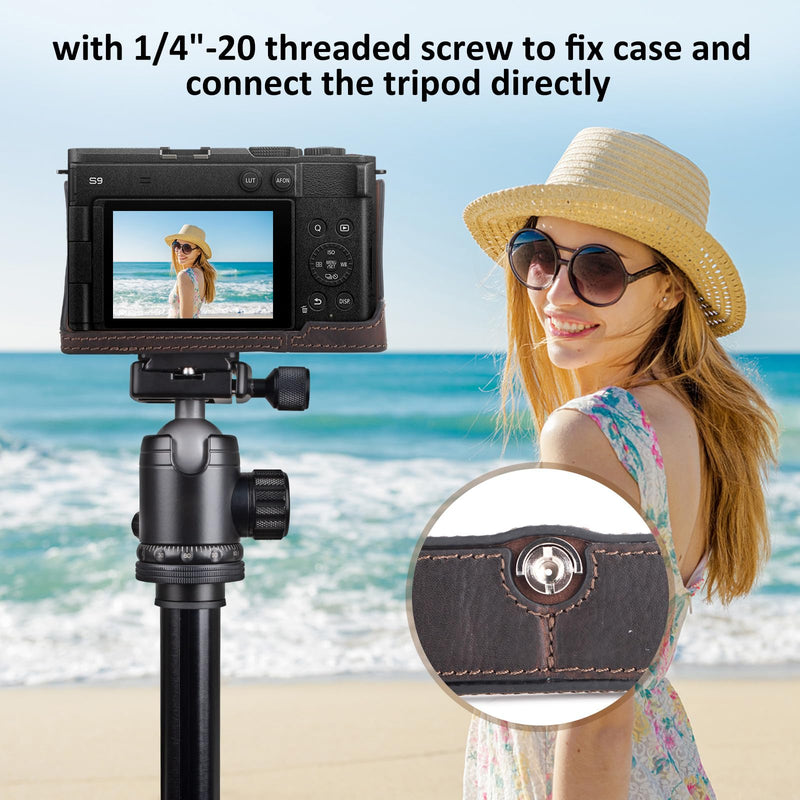 MUZIRI KINOKOO Half Case Compatible for Panasonic Lumix DC-S9 Camera, Genuine Leather Protective Cover for Lumix S9 Mirrorless Camera - with Opening Bottom and Hand Grip Design - Coffee