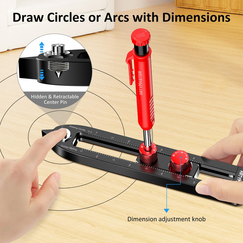 ARTYMASTER Multi-Function Scribing Tool, DIY Woodworking Scriber Line Maker, Portable Aluminum Alloy Woodworking Compass Scriber Tool, Inch Circle Marking Gauge,Deep Hole Carpenter Pencils 6 Refills.