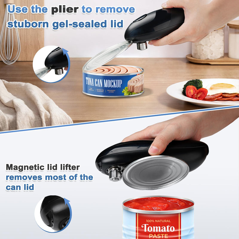 Battery Operated Electric Can Opener – Automatic, Hands-Free, Smooth Edge, One-Touch Jar Opener for All Can Shapes and Sizes, Portable and Safe Kitchen Gadget, Easy to Use for Seniors and Arthritis Black