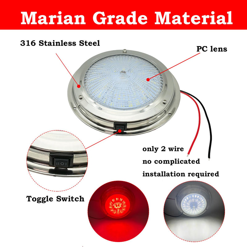 Marine Boat Dome Light, Dual Color 5.5" 12V LED Interior Cabin Lights with Toggle Switch, Stainless Steel Surface Mount (White|Red) White | Red