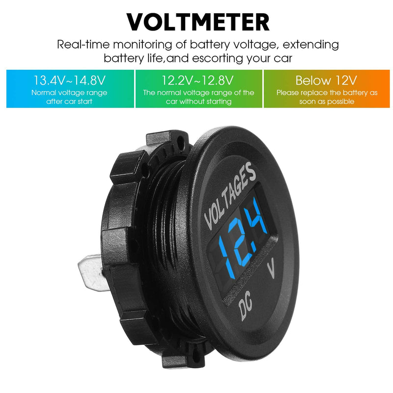 BBTO 2 Pieces DC 12V Car Voltage Gauge LED Display Waterproof Voltmeter Digital Round Panel Voltmeter Compatible with Vehicle Motorcycle Truck Camper ATV UTV Car Boat Marine (Blue Digital) Blue Digital