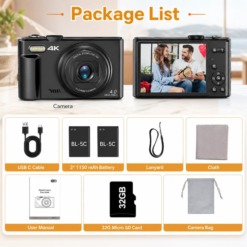 4K Digital Camera for Photography, 64MP Vlogging Camera for YouTube | Point and Shoot Camera with WiFi Sharing, 18X Digital Zoom, 3" 180° Flip Screen, 32GB Micro SD Card & 2 Batteries, Black