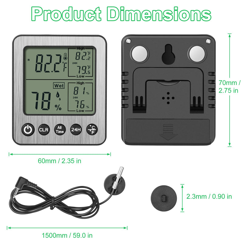 2 PCS Refrigerator Thermometer Digital Freezer Thermometer Fridge Thermometer with Extra Sensor Digital Thermometer Hygrometer max and min Remember Reptile Thermometer Hygrometer Black zz20 2pack A 2
