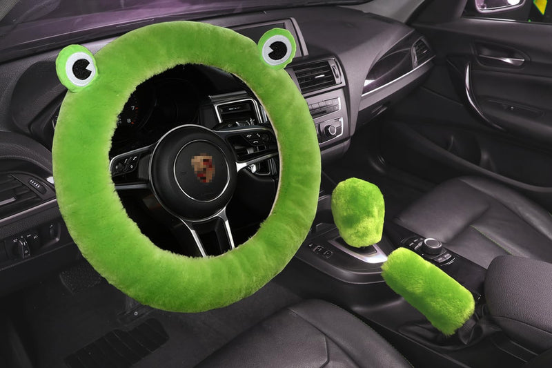 U&M 3 Pcs Set Fluffy Genuine Sheepskin Car Steering Wheel Cover with Handbrake Cover & Gear Shift Cover Fuzzy Wool Fur Soft Warm Winter (Green Frog, Shearling Wool) Green Frog
