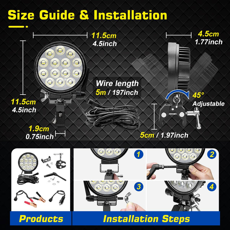 LED Boat Spotlight with Mounting Clamp, Super Bright LED Work Light 12V Marine Spot Lights for Boats Night Fishing, Battery Clamps/Cigarette Lighter Power Boat Headlights for Kayaking Camp Truck RV