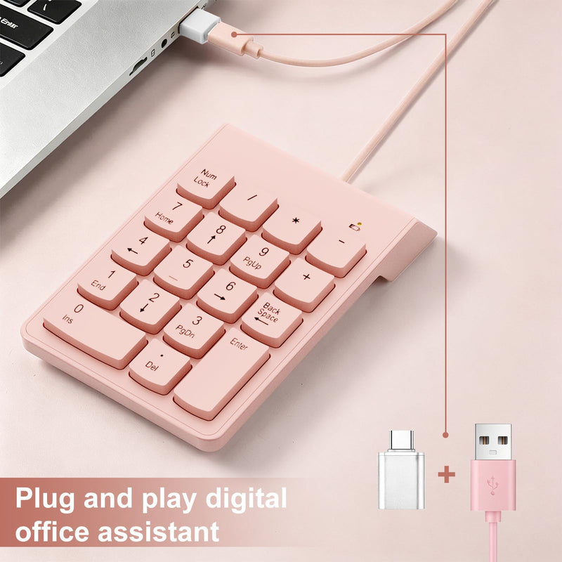 NOOX Wired Number Pad with USB to USB-C Adapter, Pink | Numeric Keypad 18 Keys, Portable Financial Number Keyboard, 10 Key USB Keypad for Laptop, Desktop, Surface Pro, Notebook