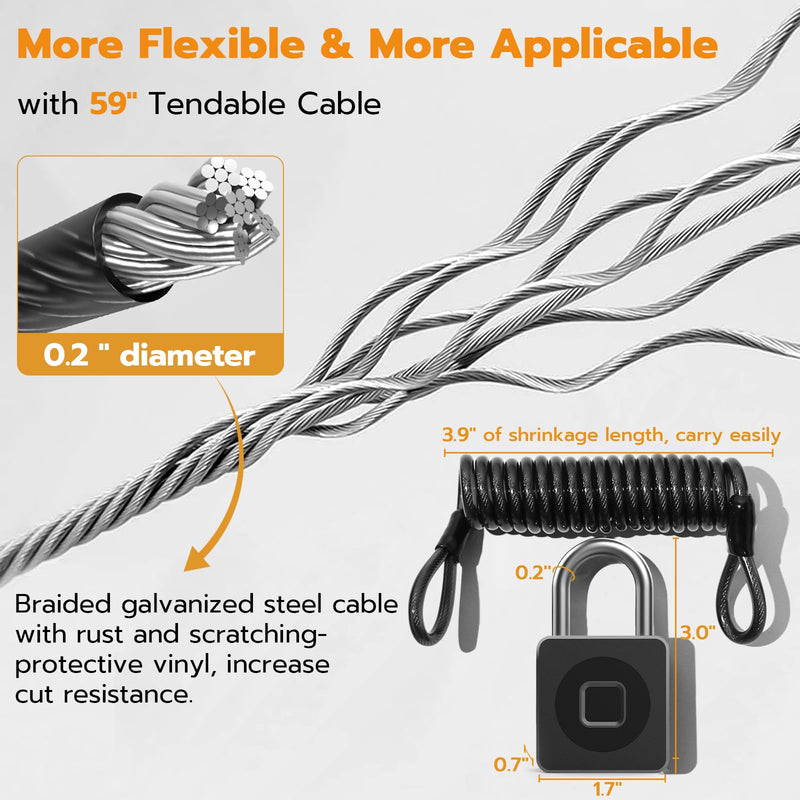 Pothunder Fingerprint Lock With APP, Steel Cable Keyless Biometric Padlock, Smart Waterproof for Gym, Locker, Helmet, Gate, Fence, Luggage Black with Cable