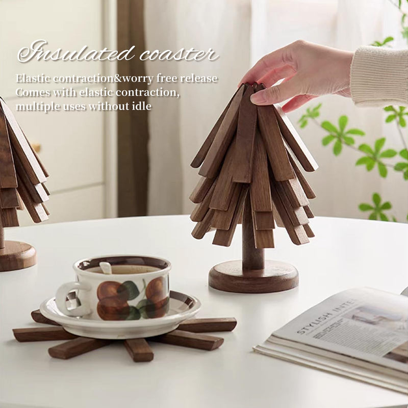 Trivets for Hot Dishes, 4 Artful Foldable Wooden Hot Pads for the Kitchen, Store as a Decorative Christmas Tree for Dishes, Pans, and Teapots | Creative Kitchen Gift Made of Walnut Wood A Walnut 4 pcs