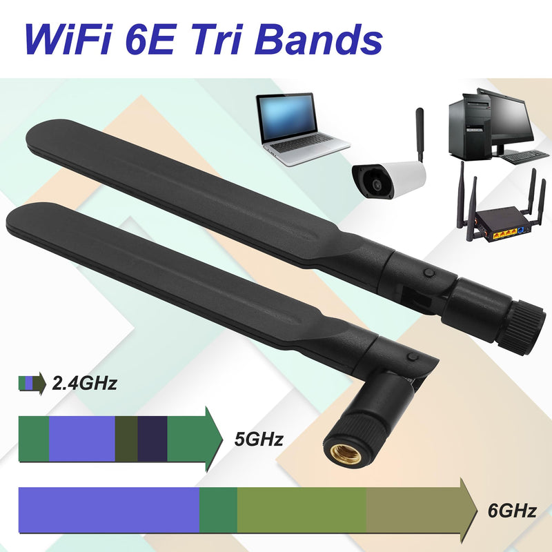 WiFi 6E Antenna Tri-Band 6GHz 5GHz 2.4GHz RP-SMA Male + 10in U.FL MHF4 to RP SMA Female Extension Cable for PC M.2 NGFF Wireless Card 2 Pcs