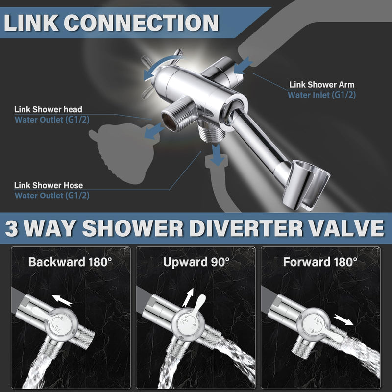 YDmeet All Metal Shower Diverter Valve with HandShower Holder - Upgraded 3 Way Shower Head for Handheld and Fixed Rain Showerhead - Universal G1/2 Bathroom Part, Polished Chrome Chrome Polished