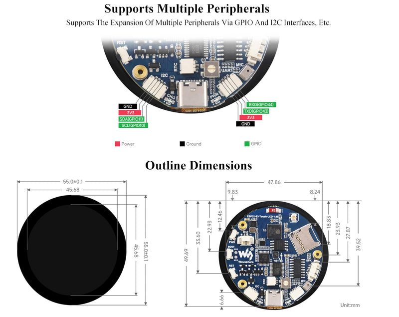 ESP32-S3 1.85inch Touch Display Development Board, 360×360 IPS LCD, Dual-Core Processor Up to 240MHz, Audio Codec, Support Offline Speech Recognition and AI Speech Interaction, with 8Ω 2W Speaker
