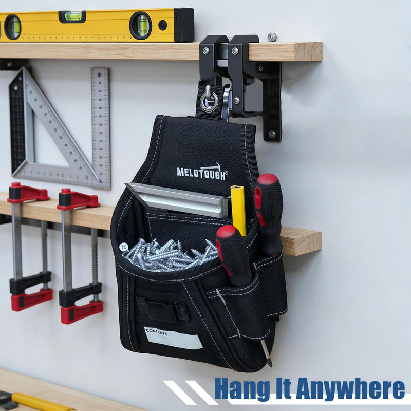 MELOTOUGH Nail and Screw Organizer Bag for Electricians and Carpenters, Tool Belt Pouch with Belt Clip, Heavy Duty Work Fastener Pouch Black