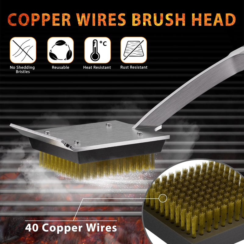ENLOY Grill Brush and Scraper for Barbecue, 17" Grill Brush for Outdoor Grill, Extended Rosewood Handle and 2 Replaceable Copper Wire Brush Heads, Grill Cleaning Brush Grill Accessories for Most Grill Grill Brush & Scraper
