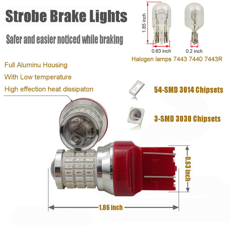 iBrightstar 9-30V Flashing Strobe Blinking Brake Lights 7440 7443 T20 LED Bulbs with Projector Replacement for Tail Brake Stop Lights, Brilliant Red