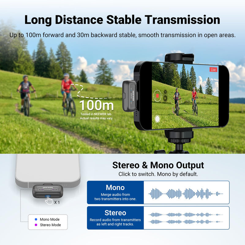 NEEWER KM19 Wireless Lavalier Microphone Compatible with iPhone 17 16, Gray | Compatible with iPhone Android & PC, Mini Lav Mic, App Control, 3 Level Noise Cancelling, 30h Battery, 100m, Video Recording