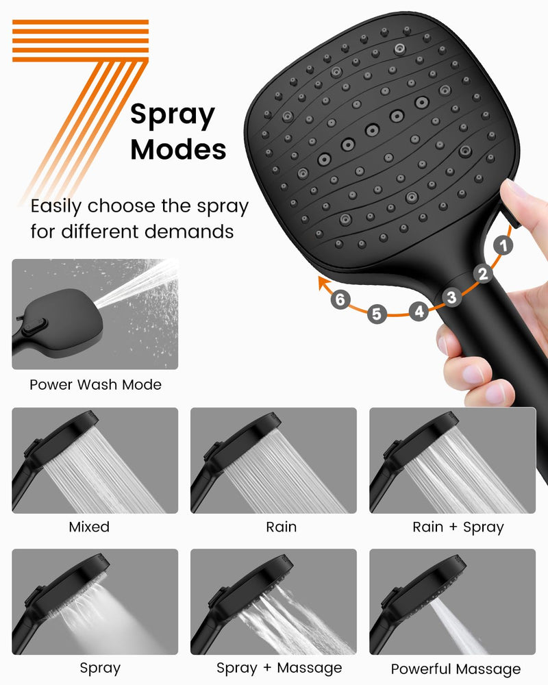 Filtered Shower Head with Handheld, High Pressure 7 Mode Black Handheld Shower Head with Hose and Filters for Hard Water, Built-in Power Wash to Clean Tub, Remove Chlorine - Reduce Dry Itchy Skin