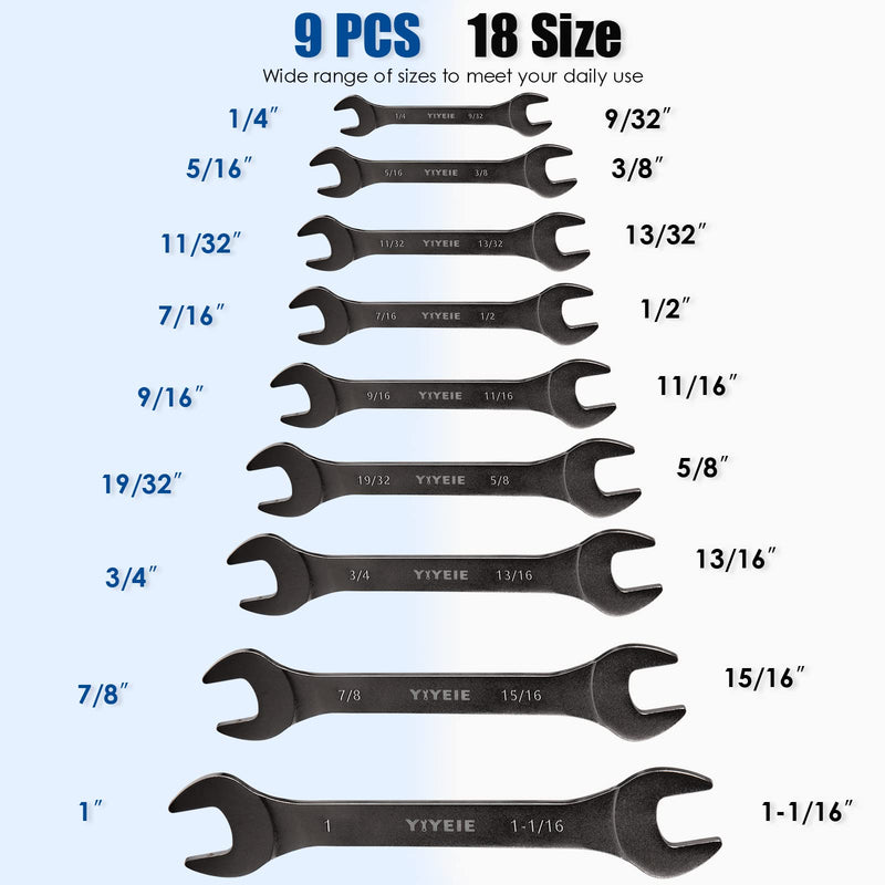 9Pc. Super Thin Wrench Set, SAE 1/4" to 1-1/16", Nickel Plating, CR-V Steel, Ultra-Slim Open End Wrench Set with Rolling Pouch SAE 9PCS Black Nickel Plating