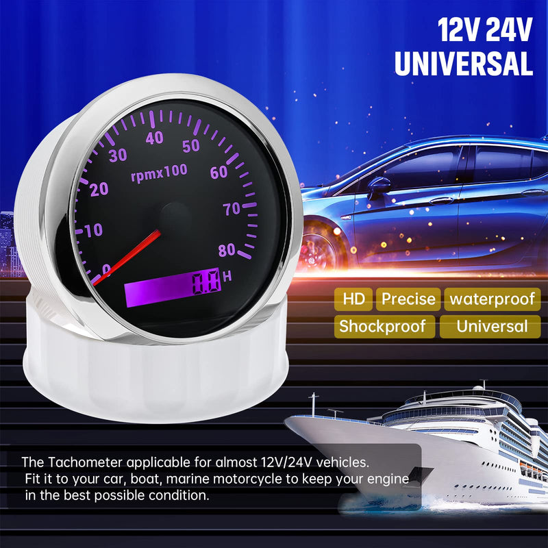 ARTILAURA Tachometer 85mm 3-3/8" Boat Tachometer 7 Color LED RPM Gauge Tacometro Meter Automotive Replacement Tachometers 8000 RPM for Car Auto Marine Truck 9-32V (Black) Black and Silver