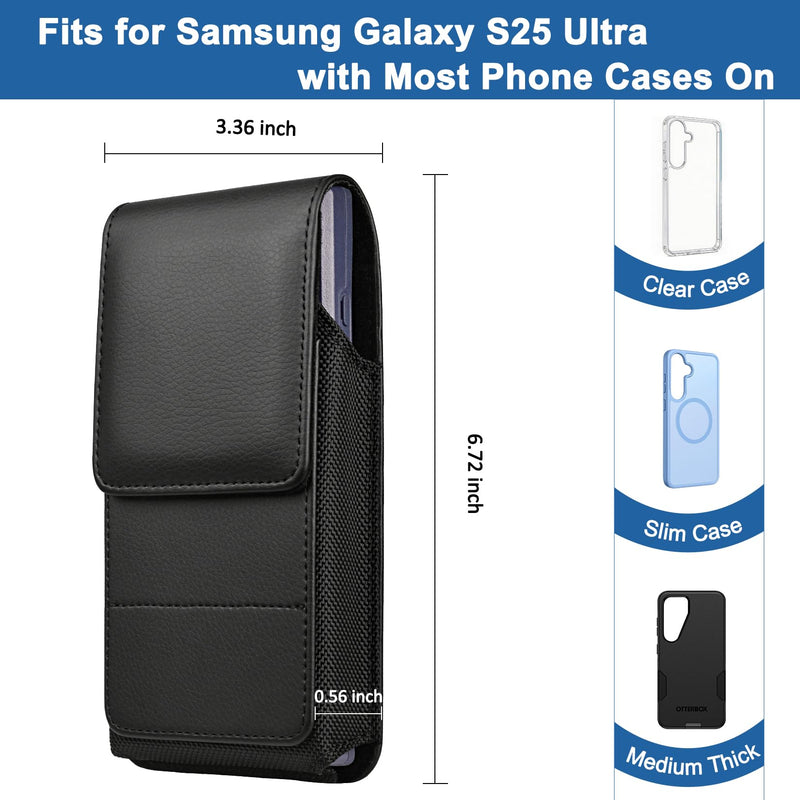 Leather Phone Holster for Samsung Galaxy S25 Ultra, Black | Belt Clip, Magnetic Closure, Card Holder, Premium PU Leather, Elastic Side Bands, Soft Lining, Fits Protective Cover on