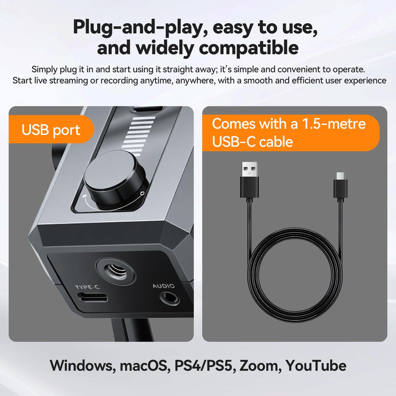 ELUTENG USB Gaming Microphone RGB Lighting Noise Cancelling | PC Streaming, 5ft USB to USB-C Cable, Desktop Mic, Podcasting, Singing, Recording, Meeting