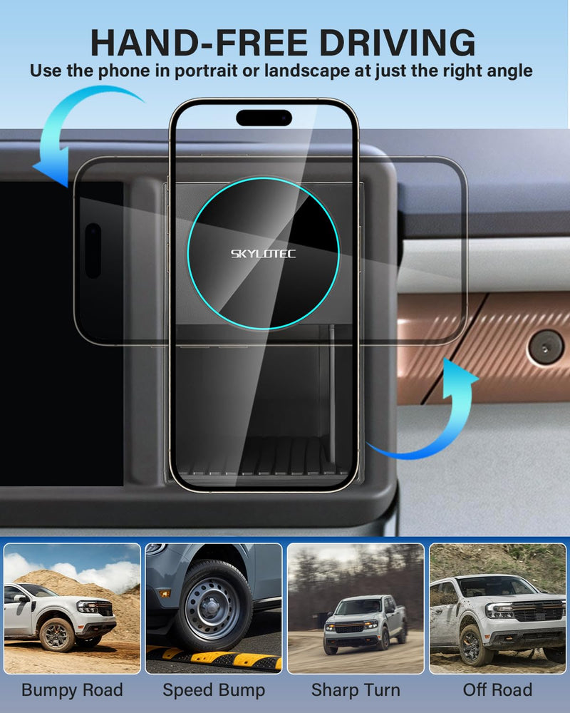 SKYLOTEC Magnetic Charger Phone Mount for Ford Maverick 2022-2024 | Maverick Accessories Cubby Insert Cell Phone Holder Storage Box for MagSafe, Strong Magnets 15W Wireless Charger for iPhone Magnetic Wireless Charger