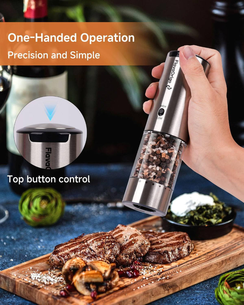 USB-C Rechargeable Electric Salt & Pepper Grinder Set - External Adjustable Coarseness (6 Settings), Large Capacity, Dual-Speed Control, One-Hand, LED, Stainless Steel (2 Pack)