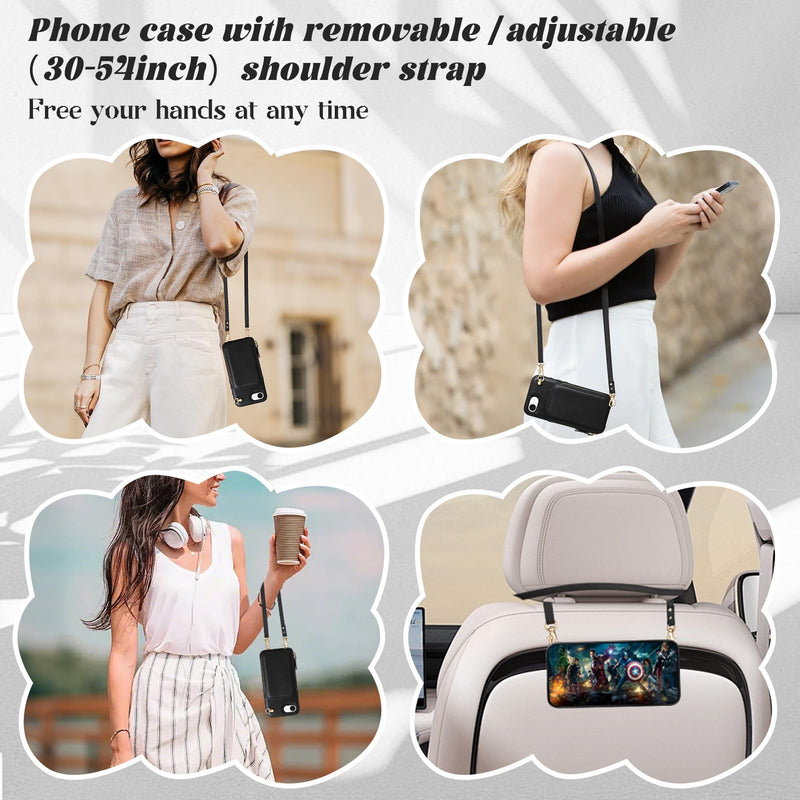 JAKPAK Wallet Case for iPhone 17e 16e with Card Holder & Crossbody Strap | Shockproof Leather Protective Phone Cover with Lanyard, Zipper Purse Case Women Men for iPhone 16e 17e 6.1 inch, Black iPhone 17e/16e 6.1”