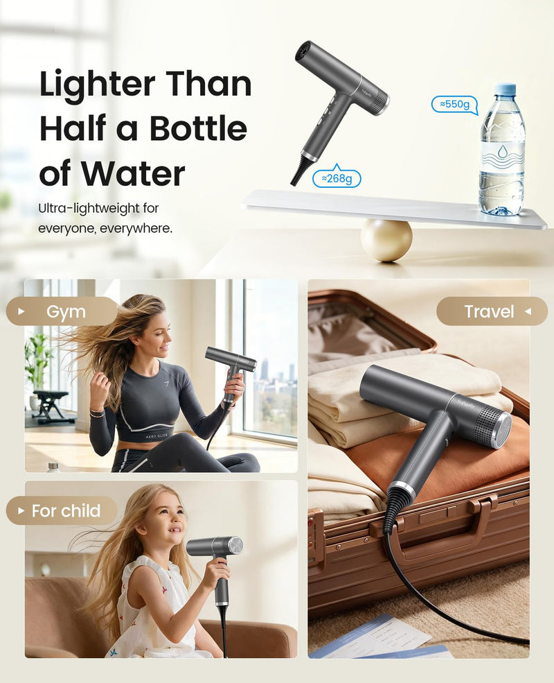 Ionic Hair Dryer 2000W High-Speed Fast Drying, 268g Lightweight, 110,000 RPM Brushless Motor, Low Noise, Travel Hairdryer with Diffuser & Concentrator, UK Plug, for Women Family Salon (Gray) Gray