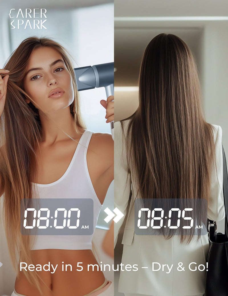 CARER SPARK Ionic Hair Dryer – 110,000 RPM High-Speed Motor, 200M Negative Ions, 2-Min Fast Drying, 60dB Quiet, 350g Lightweight, 3 Heat LED, Professional Blow Dryer for Women Men Travel