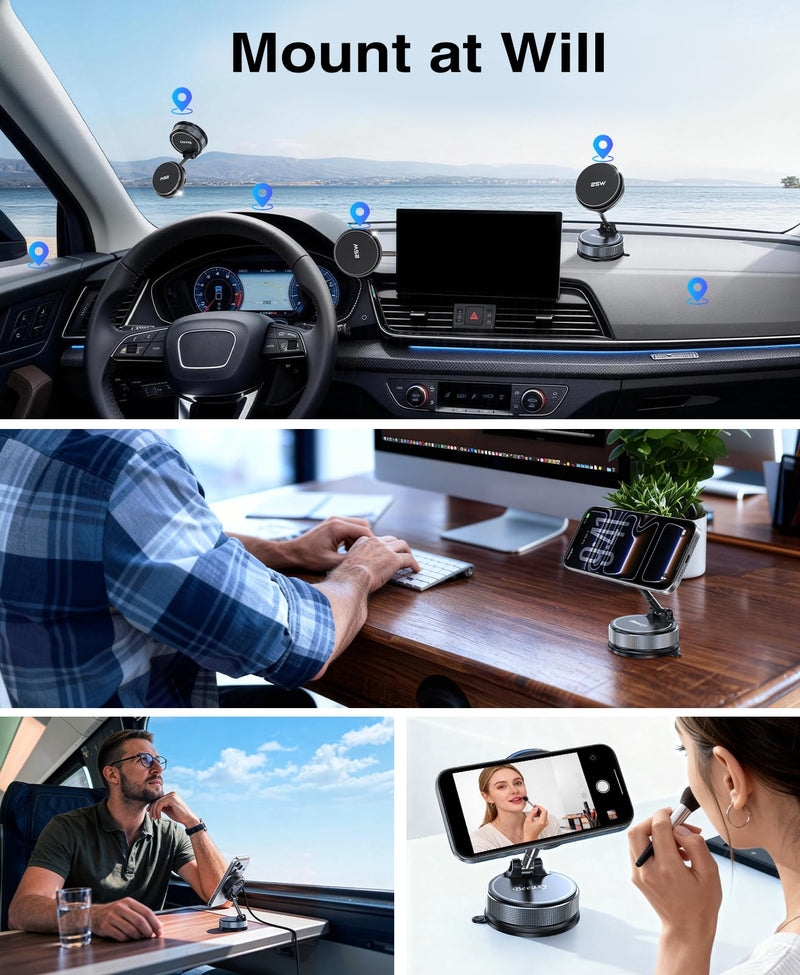 Beeasy 25W Qi2.2 MagSafe Car Mount Charger Built-in Cooling Fan, Upgraded Vacuum Suction Cup 360° Rotation, Magnetic Wireless Car Charger with 63W Adapter for iPhone 17 16 Pro Max Samsung S26 Ultra Black