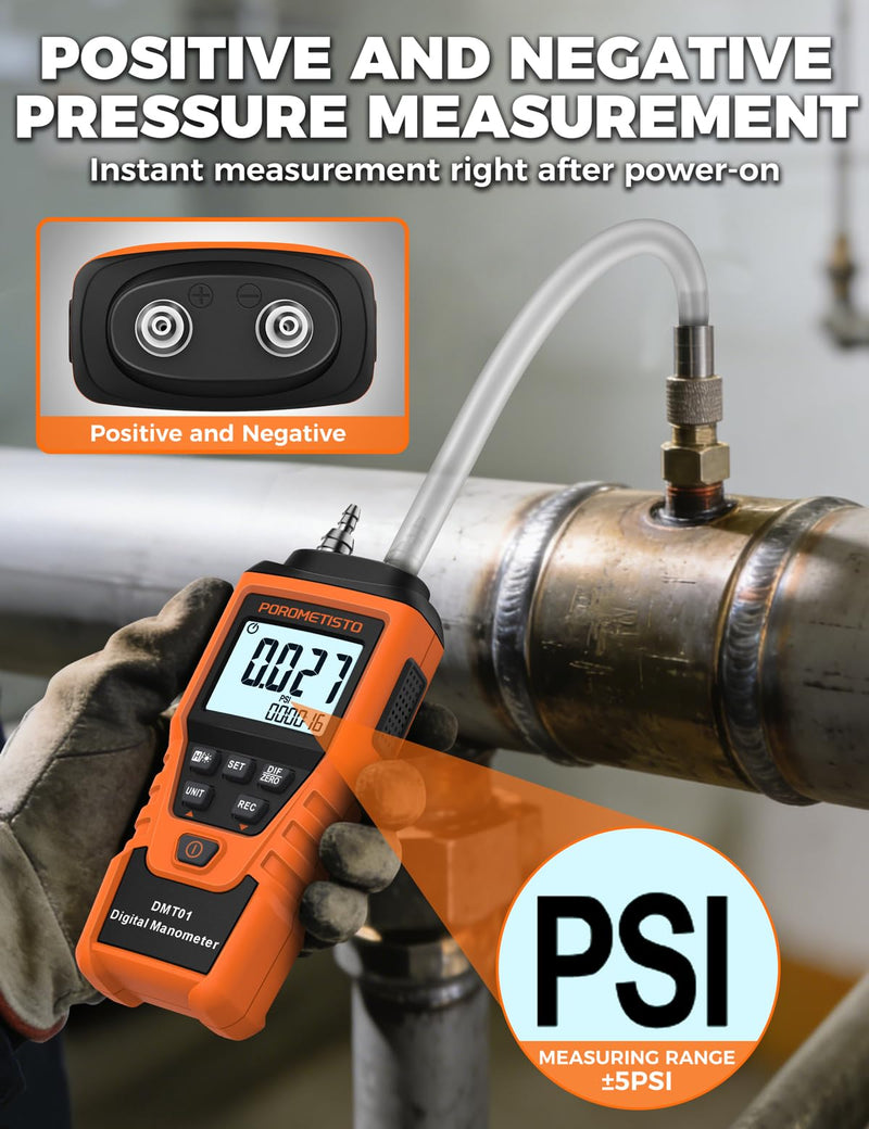 DMT01 Digital Manometer POROMETISTO, Manual Calibration Custom Zero, Real time Measurement, Max/Min/Avg Recording,HVAC Manometer, 12 Units Gas Pressure Tester, Differential Pressure Gauge