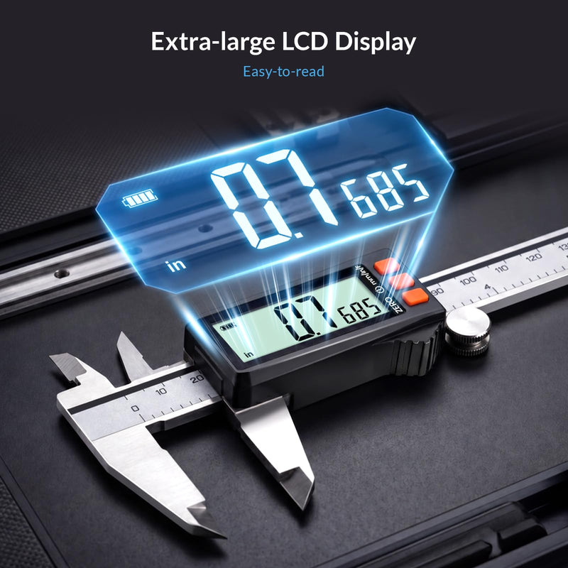 HARDELL Digital Caliper, Rechargeable Calipers with Battery Display, Auto-Off Caliper Large LCD Screen, 6 inch Micrometer, Inch/MM/Fraction for DIY/Household/Jewelers