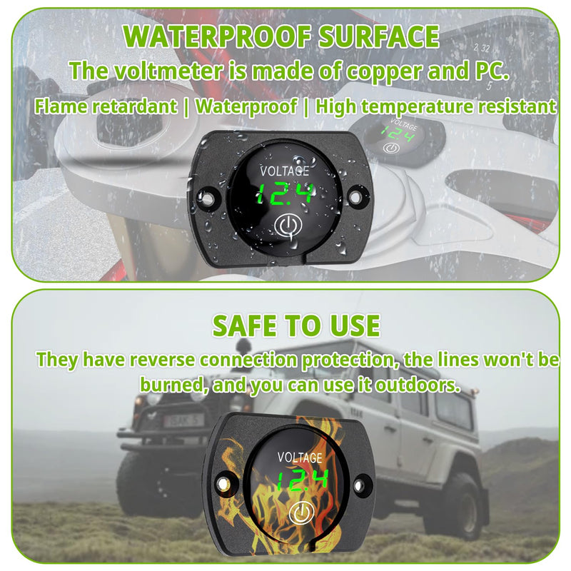2 Pack DC 12V 24V Volt Meter Battery Voltage Gauge Digital Gauge Waterproof Voltmeter with Touch Switch and Mounting Plate Round for Boat Marine Motorcycle Truck(Green Light) Green