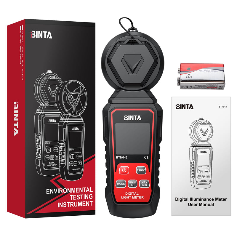 BINTA Handheld Digital Light Meter, Lux FC Illuminance Meter 0~200,000 Lux | 4 Digit Backlit LCD, Rotatable Sensor Max/Min Data Hold Auto Record Tester for Plants Photography Car LED Lights