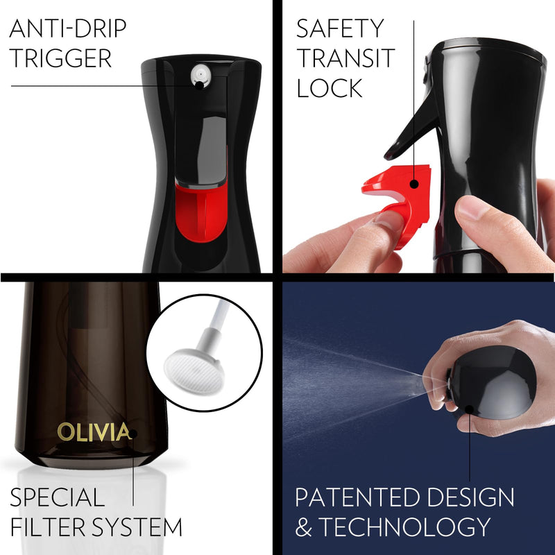 FLAIROSOL OLIVIA Oil Sprayer for Cooking, 200ml Glass Olive Oil Sprayer, Continuous Cooking Spray Dispenser with Portion Control for Kitchen, Air Fryer, Salad, BBQ (Black Bottle, Gold Print) 1 Pack Black