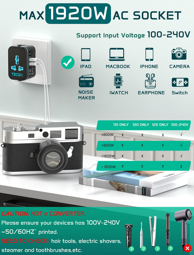 Universal Travel Adapter Worldwide, TECSIX European Travel Plug Adapter with 2 USB C, 2 USB A and Multi AC Outlets, International Power Converter for EU US UK AUS 200+ Countries Type A C G I black blue