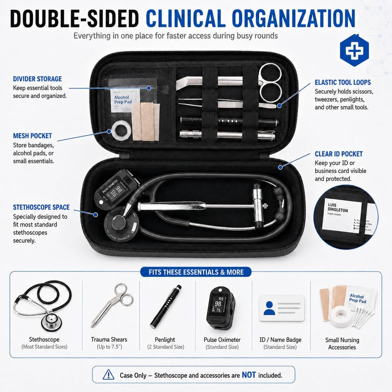 Stethoscope Case Compatible with 3M Littmann Classic III/Lightweight II S.E/Cardiology IV Diagnostic/for MDF Hard Shell Holder with Clear ID Window for Nurses EMTs Doctor Medical Students Black