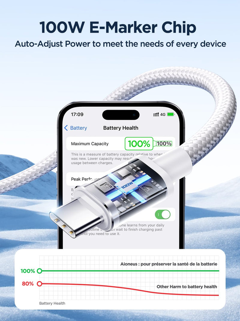 USB C to USB C Cable, 100W [10ft/2 Pack] USBC to USBC Fast Charging Cable USB C Charger Cord for iPhone 17 16 15 Air Pro Max Plus, MacBook Pro, iPad Pro, Samsung Galaxy S25/S24 Ultra, Switch, Pixel White
