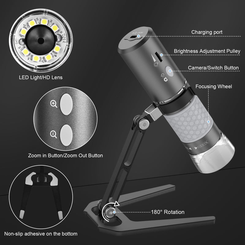 Wireless Digital Microscope 4K HD Wi-Fi Microscope Camera Digital Magnifier Compatible for iPhone, Android Phones and PC (Black) Black