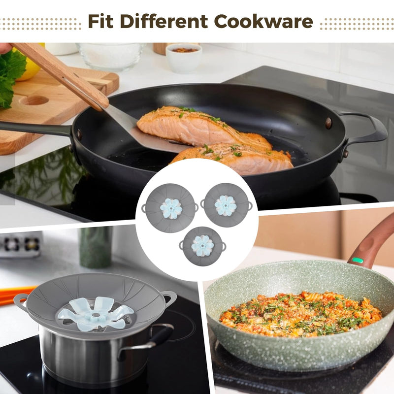 3 Pcs Silicone Spill Stopper Lids, 3 Sizes Splatter Covers, Reusable Lids with Flower Vent, Universal Pot Covers, Boil-Over Protectors, Safe for Microwave, Oven, Stovetop, Dishwasher