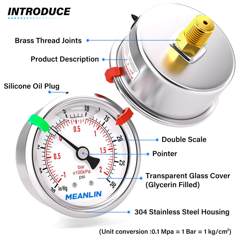 MEANLIN MEASURE -30inHG~30Psi Vacuum Pressure Gauge 1/8" NPT 2.5" FACE DIAL, Stainless Steel Liquid Filled Pressure Gauge WOG Water Oil Air Center Back Mount (with 2PCS Snaps) -15-30Psi Back Mount (1/8NPT)