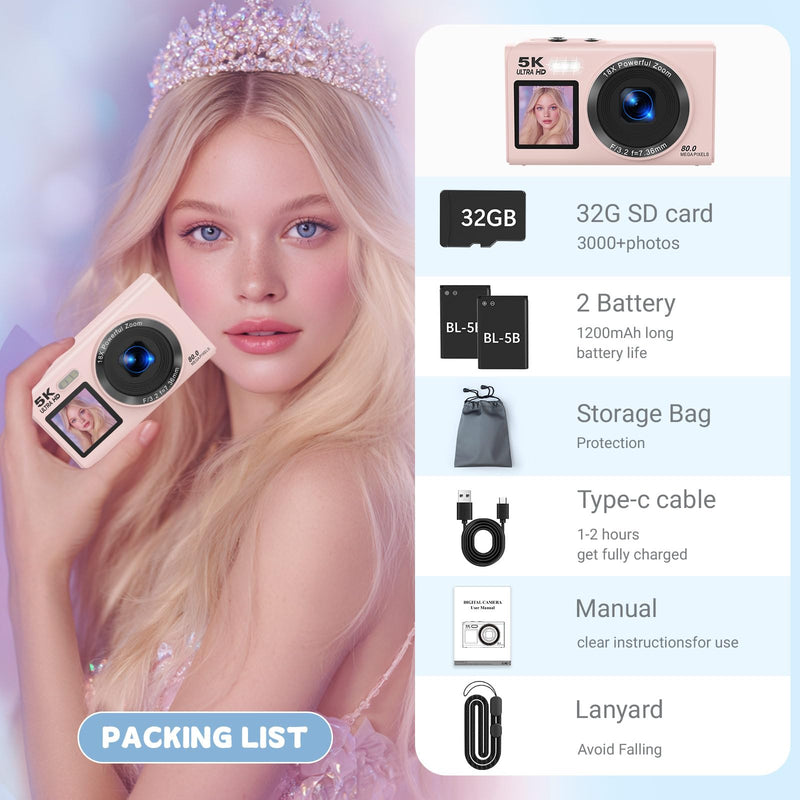 5K Digital Camera for Photography, 80MP Dual Screen Vlogging Camera for YouTube with WiFi, 16X Digital Zoom, Beauty Function, 2.8-inch Screen, Fill Light Includes 32GB Card & 2 Batteries (Pink) Pink