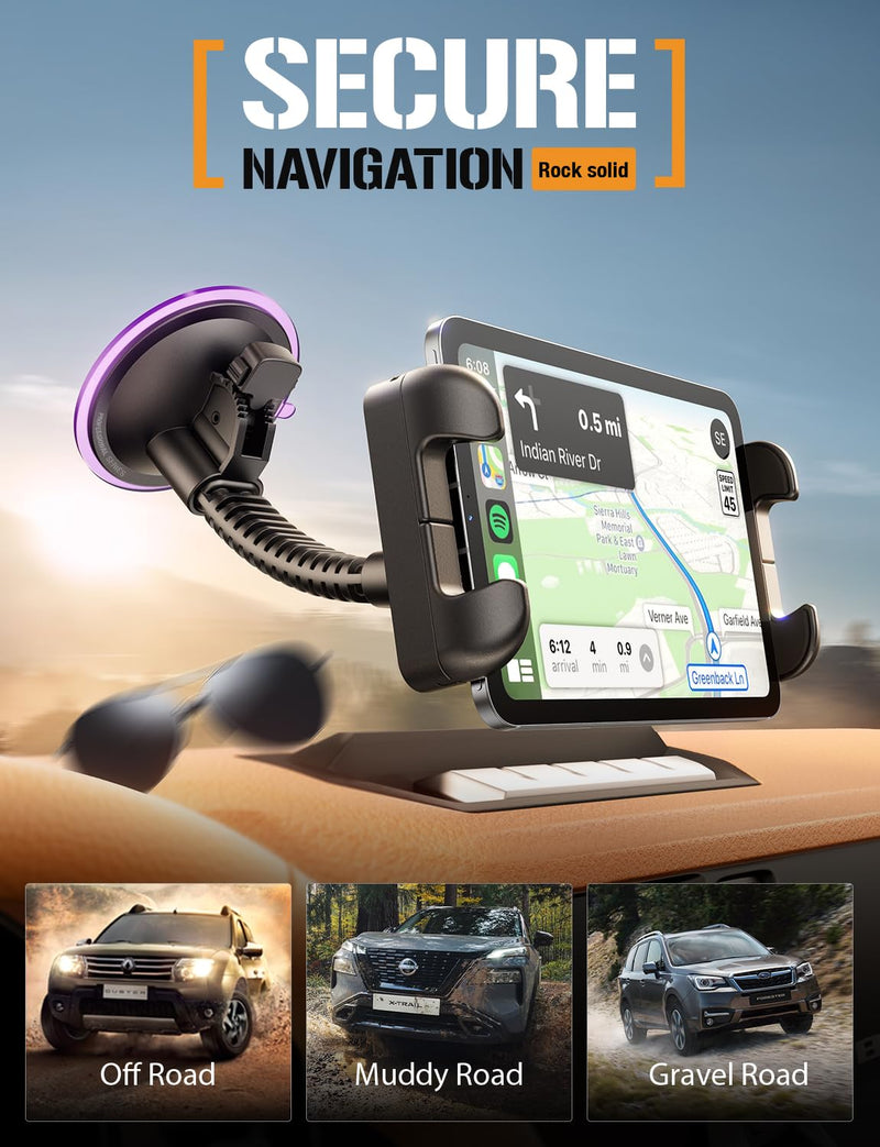 ToughTested Windshield Car Tablet Holder - Heavy-Duty Suction Cup GPS Mount for 5-13" Devices - 360° Rotation, Rugged Gooseneck, Vibration-Free Grip - Ideal for Trucks, SUVs, RVs, Vans & Cars