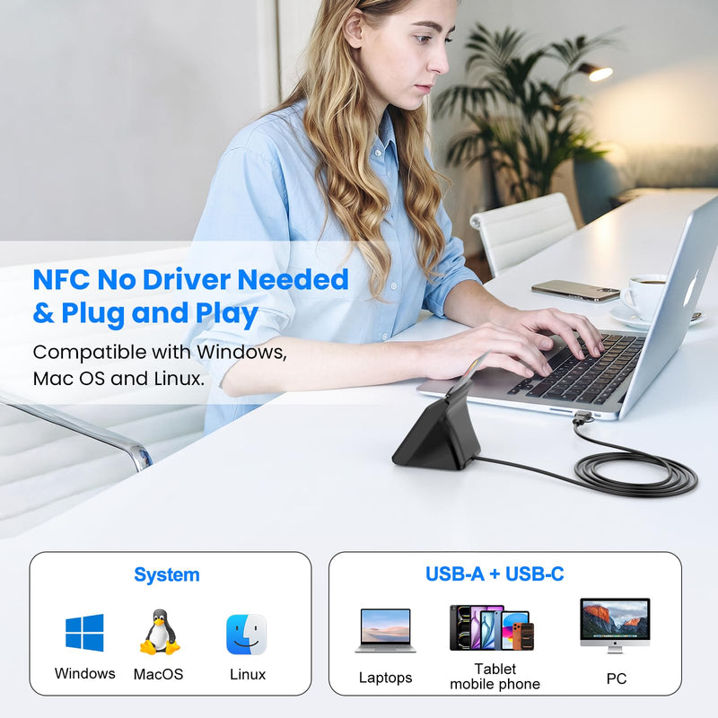 Smart Card Reader with NFC,USB A/C CAC Reader Military DOD Common Access ID Bank Chip Card Reader 2-in-1 Contact and Contactless Compatible with Mac Os, Windows 10/11,Mac OS,Android and Linux Black