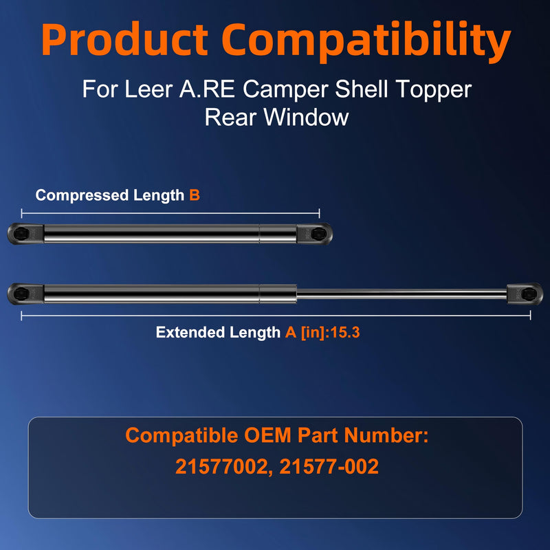 Qty (2) 21577-002 21577002 15.3in 15in Gas Shock Sturt Spring Lift Support for Leer A.RE Snugtop Truck Camper Shell Rear Window Topper Door Cap Canopy Replacement Parts Accessories