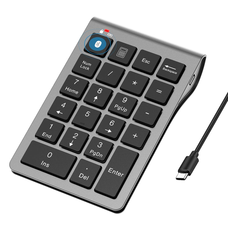 Bluetooth Number Pad Wireless & Wired 10 Key USB Keypad Two in One, Rechargeable Numpad for Laptops, Desktop, Computers Accessories Compatible with MacBook iPads ChromeBook EliteBook Notebook etc. Metal Grey