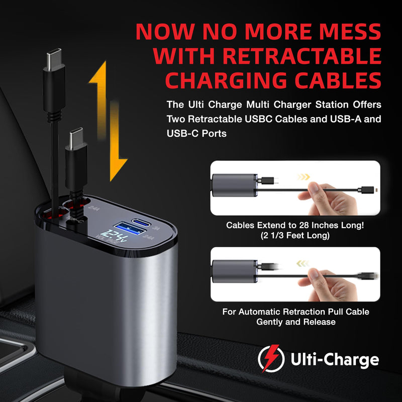 Ulti Charge Car Phone Charger 120W Fast Charging Retractable Cigarette Lighter USB C Charger, 4‑Port USB‑C & USB‑A Dual USBC Charging Block for iPhone, Galaxy, Tablets, Laptops Retractable USBC x2